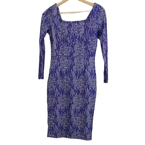 Miusol Cocktail Dress Blue Small White Overlay Square Neck Floral Lace Sheath - Picture 1 of 6